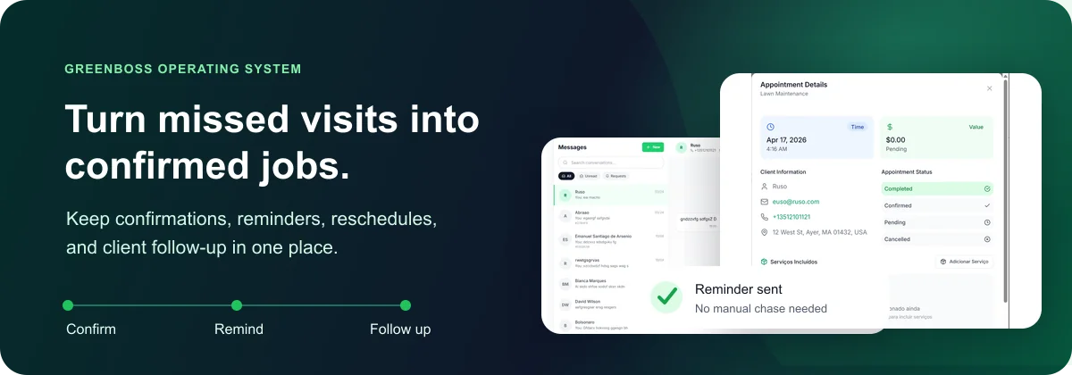 GreenBoss confirmation and client follow-up workflow using real scheduling and messaging screens