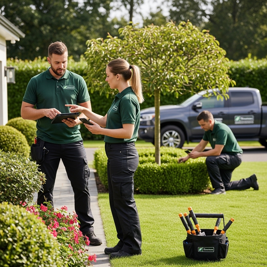 Service business owner using GreenBoss after organizing the operation