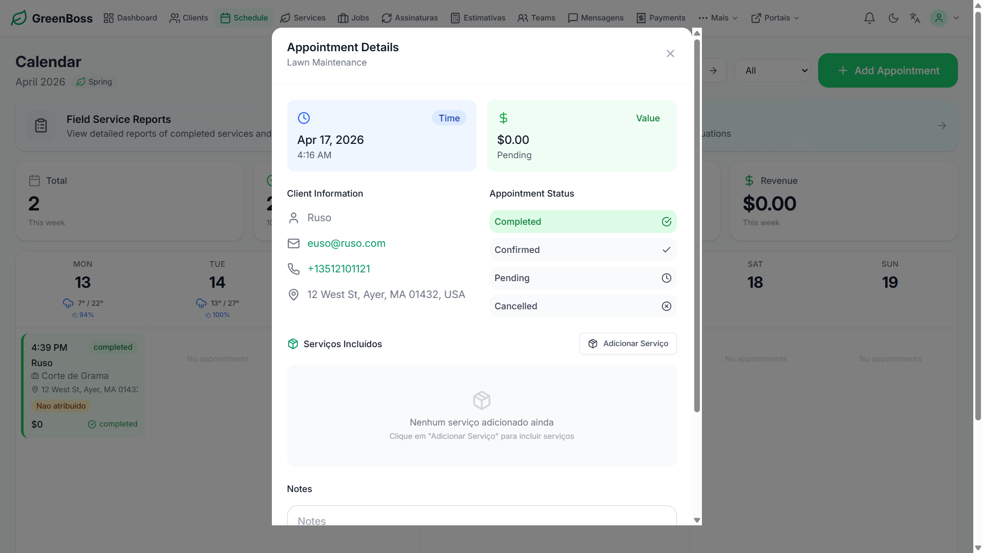 Detalhe do agendamento Green Boss