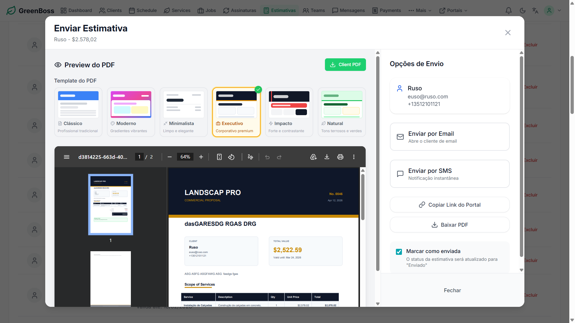 GreenBoss estimate PDF template selector with Classic, Modern, Minimalist, Executive, Impact, and Natural templates