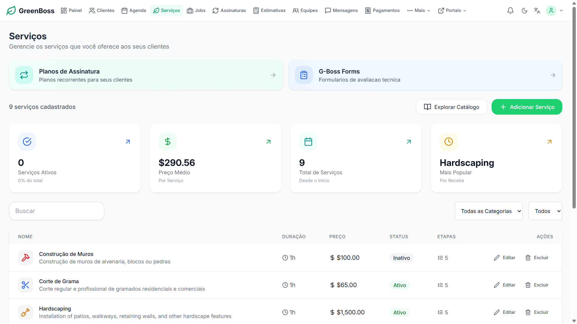 Catálogo de serviços com preços